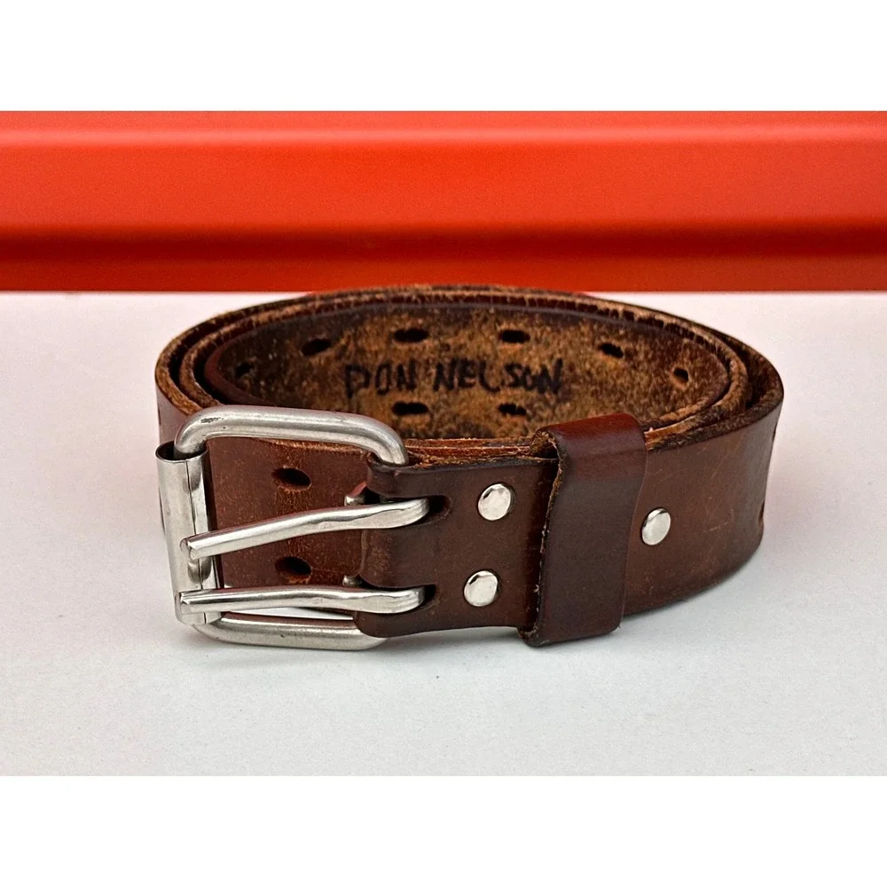 Vintage Brown Leather Double Prong Roller Buckle Adjustable Belt Mens 30-36